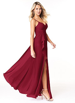 Azazie Emerald Bridesmaid Dresses Burgundy A-Line Ruffled Chiffon Dress image2