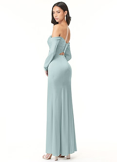 Azazie Hallie Vestidos de damas de honor Vestido de Neblina de Satén Elástico de Corte Recto Convertible con Manga larga con hombros descubiertos image6