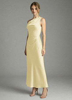 Azazie Emerson Bridesmaid Dresses Lemon Sorbet Mermaid Off the Shoulder Stretch Satin Dress image4