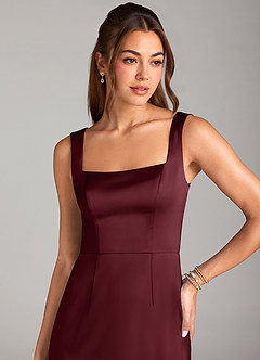 Azazie Flori Bridesmaid Dresses Cabernet Sheath Side Slit Stretch Satin Dress image5