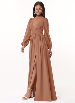 Azazie Norah Bridesmaid Dresses Bronzer A-Line V-Neck Long Sleeve Chiffon Dress image4