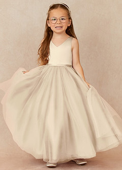 Azazie Marybell vestidos de niña de las flores Vestido de Champán de Tul de Corte En A con Lazo image1