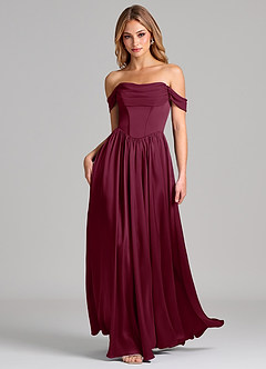 Azazie Raisa Bridesmaid Dresses Mulberry A-Line Off the Shoulder Stretch Satin Dress image3