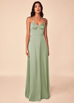Azazie Mei Bridesmaid Dresses Dusty Sage A-Line V-Neck Stretch Satin Dress image1