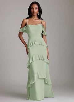 Azazie Chayla Final Sale Dusty Sage Sheath Off the Shoulder Chiffon Dress image1