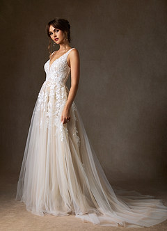Azazie Sorella Wedding Dresses Diamond White Champagne A-Line V-Neck Sequins Tulle Dress image3