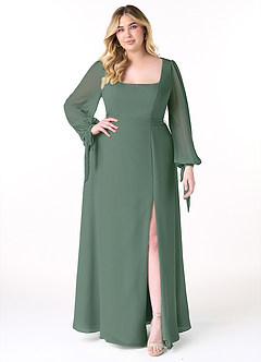 Azazie Leonia Bridesmaid Dresses Eucalyptus A-Line Long Sleeve Chiffon Dress image8