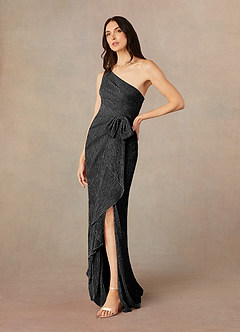 Azazie Jocelyn Mother of the Bride Dresses Black Sheath One Shoulder Metallic Mesh Dress image2