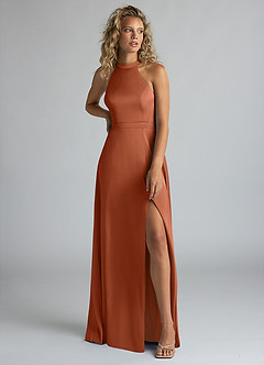 Azazie Clarice Robes de demoiselle d'honneur Robe Trapèze en Satin extensible Col Haut Rose De Cèdre image5