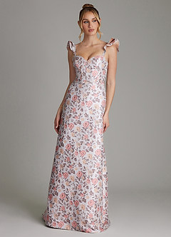 Azazie Adalynn At-home Try On Dresses Gilded Rose A-Line Ruched Brocade Dress image3