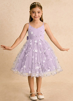 Azazie Junebug Flower Girl Dresses Frosted Lilac Ball-Gown Spaghetti Strap Tulle Dress image3