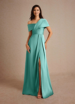 Azazie Milton Mother of the Bride Dresses Aqua A-Line Pleated Stretch Satin Dress image5