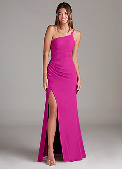 Azazie Eren Vestidos de damas de honor Vestido de Fucsia de Gasa de Corte Recto con Hombro unilateral image3