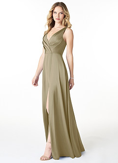 Azazie Nelly Bridesmaid Dresses Moss Green A-Line V-Neck Pleated Stretch Satin Dress image3