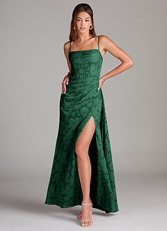 Azazie Denisa Bridesmaid Dresses Dark Green Sheath Pleated Floral Burnout Dress image3