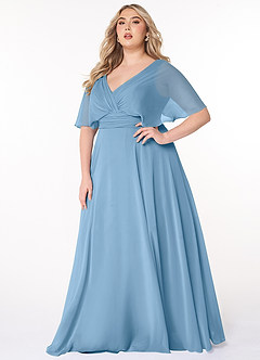 Azazie Pamela Vestidos de damas de honor Vestido de Azul Acero de Gasa de Corte en A con Cuello en V plisado image6