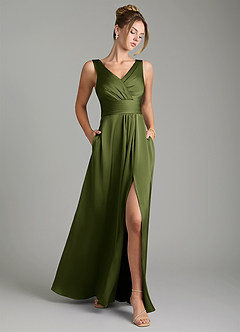 Azazie Karina Bridesmaid Dresses Olive A-Line Pleated Stretch Satin Dress image1