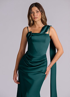 Azazie Inara Bridesmaid Dresses Pine Mermaid Pleated Stretch Satin Dress image7