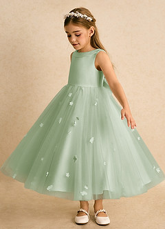 Azazie Angel Flower Girl Dresses Dusty Sage Ball-Gown Bow Tulle Dress image4