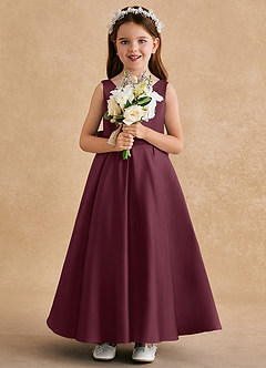 Azazie Honey Bear Flower Girl Dresses Cabernet A-Line Pleated Matte Satin Dress image3