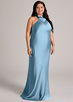 Azazie Velli Abiti da Damigella Abito Sirena in Raso Elasticizzato Collo Alto Blu Acciaio image11