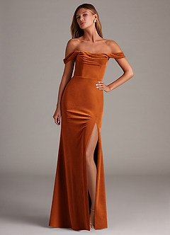 Azazie Saige Bridesmaid Dresses Burnt Orange Sheath Off the Shoulder Velvet Convertible Dress image1
