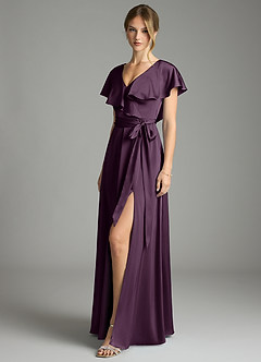Azazie Lainey Bridesmaid Dresses Plum A-Line with Pockets Stretch Satin Dress image4