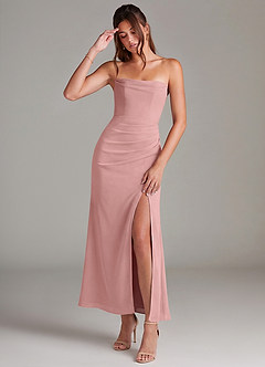 Azazie Leonis 신부 들러리 드레스 인어 스트랩리스 쉬폰 발목 길이 드레스 image1