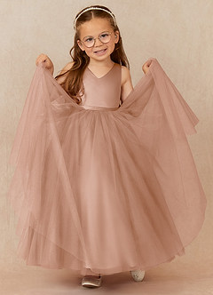 Azazie Marybell Robe Demoiselle D'honneur Fillette Robe Trapèze en Tulle Arc Champagne Rosé image3