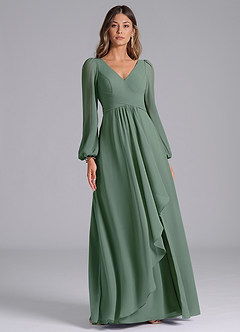 Azazie Liah Bridesmaid Dresses Eucalyptus A-Line Long Sleeve Chiffon Dress image3