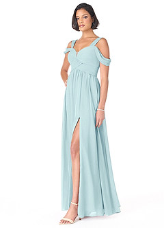 Azazie Lianne Bridesmaid Dresses Sea Glass A-Line Off the Shoulder Chiffon Dress image3