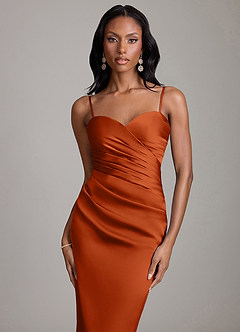 Azazie Sonora Vestidos de damas de honor Vestido de Naranja Quemada de Satén Elástico de Corte Recto con Sin tirantes image3