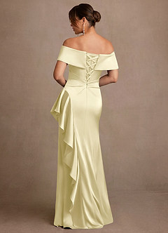 Azazie Kirsty Mother of the Bride Dresses Lemon Sorbet Sheath Off the Shoulder Stretch Satin Dress image2