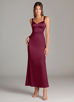 Azazie Denice Bridesmaid Dresses Mulberry Sheath Pleated Stretch Satin Dress image3