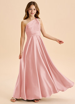Azazie Charlize Junior Powder Pink A-Line Pleated Stretch Satin Dress image10