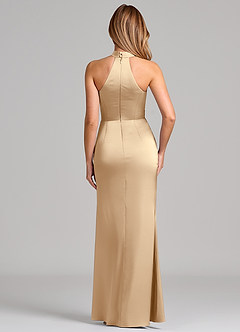 Azazie Karlotta Bridesmaid Dresses Champagne Sheath Pleated Stretch Satin Dress image2