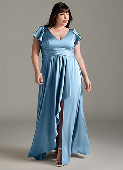 Azazie Omari Bridesmaid Dresses Steel Blue A-Line Stretch Satin Dress image7