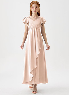 Azazie Omari Junior Blushing Pink A-Line Pleated Stretch Satin Dress image5