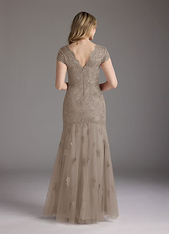 Azazie Marbella Mother of the Bride Dresses Taupe Mermaid Queen Anne Sequins Lace Dress image5