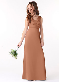 Azazie Sadia Junior Bronzer A-Line Pleated Stretch Satin Dress image1