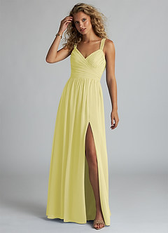 Azazie Aziza Robes de demoiselle d'honneur Robe Trapèze en Mousseline de soie Col V plissé Sorbet Citron image2