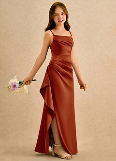 Azazie Cannoli Girls Formal Robe Demoiselle D'honneur Fillette Robe Trapèze en Mat Satiné Plissée Paprika image1