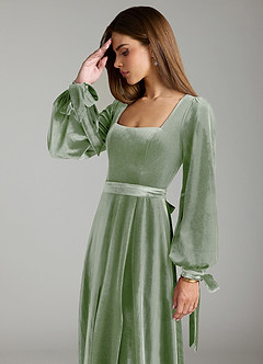 Azazie Leonia Bridesmaid Dresses Dusty Sage A-Line Long Sleeve Velvet Dress image6