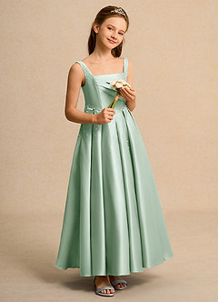 Azazie Mochi Girl Jurken voor bloemenmeisjes Baljurk Jurk van Mat Satijn Geplooid Agave image4