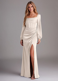 Azazie Charissa Brautjungfernkleider Etui Langarm Stretch-Satin Kleid Alabaster Weiß image4