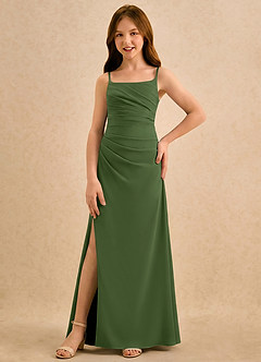 Azazie Cannoli Girls Formal Robe Demoiselle D'honneur Fillette Robe Trapèze en Mousseline de soie Plissé Olive image5