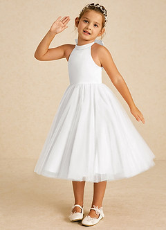Azazie Dora Blumenmädchenkleider A-Linie Schleifen Tüll Kleid Weiß image2