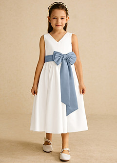 Azazie Darling Flower Girl Dresses Ivory Dusty Blue A-Line Bow Cotton Dress image4
