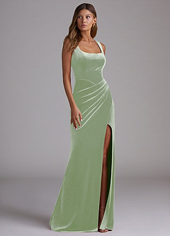 Azazie Mero Bridesmaid Dresses Dusty Sage Sheath Pleated Velvet Dress image4