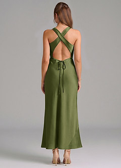 Azazie Evadne Vestidos de damas de honor Vestido de Oliva de Satén Elástico de Corte Recto con Plisado image5